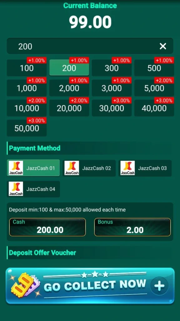 List of deposit amounts with matching bonuses from LuckyPK 777.
